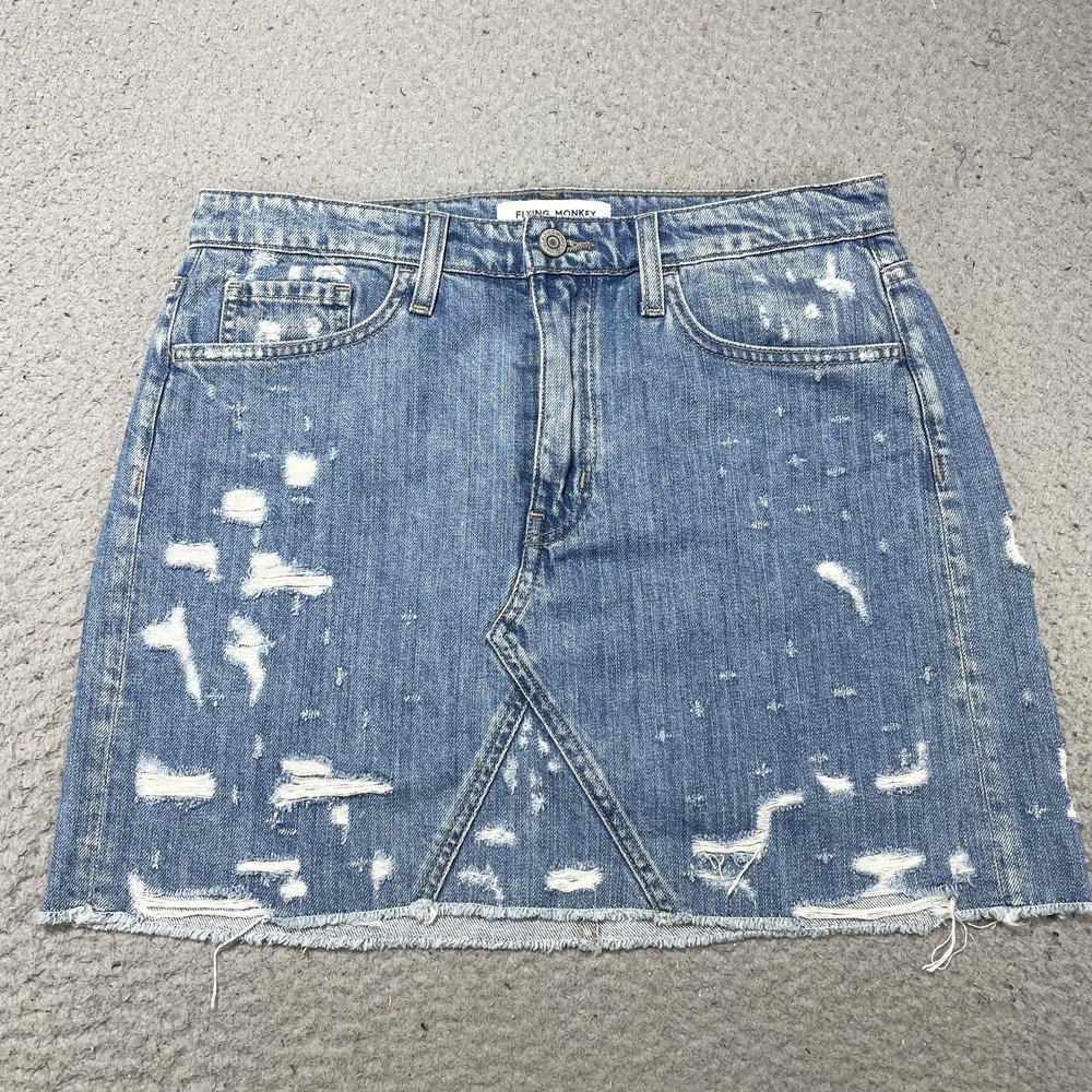 Flying Monkey Skirt Womens‎ 27 Blue Denim Distressed Raw Hem Mini Platinum